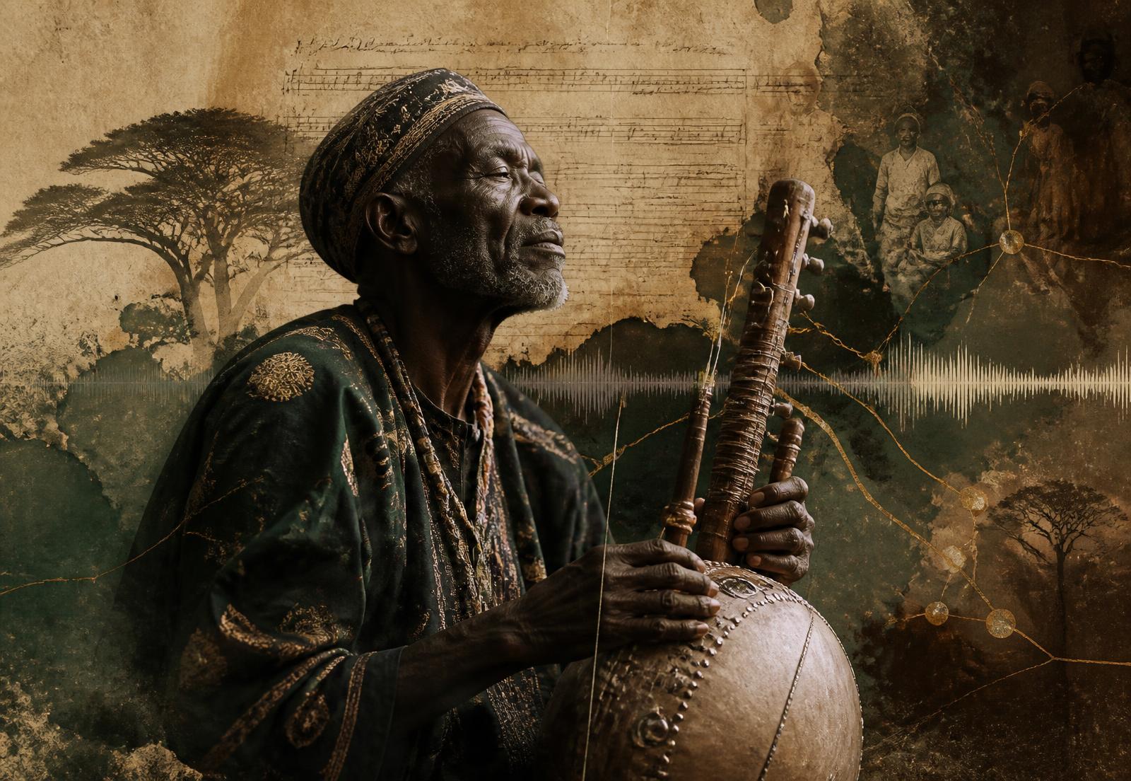 An elder African musician with a traditional stringed instrument, layered with archival paper, notation and gold lineage lines